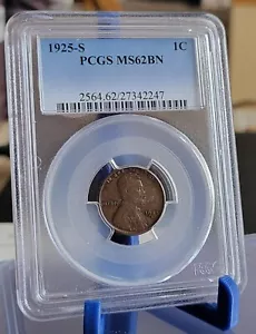 1925-S Lincoln Wheat Cent 1C PCGS MS62BN - Picture 1 of 2