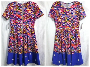 NEW LULAROE AMELIA DRESS Argyle Dot Multicolor Dipped Pockets Pleated Zip Medium - Picture 1 of 12