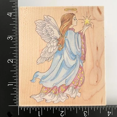 Sellos Happen ángel celestial sosteniendo estrella 80020 sello de goma montado en madera Foto 1 de 4
