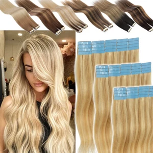 Tape in Remy Human Hair Extensions 40pcs/100g Virgin Hair Full Head Skin Weft US - Picture 1 of 64