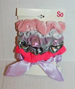 SO Girl's 6-Piece Set of Hair Ties Scrunchies Pink Silver Purple Iridescent NEW - Picture 1 of 3