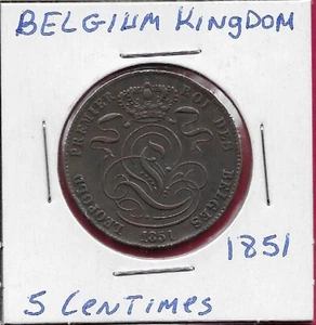 BELGIUM 5 CENTIMES 1851 LEOPOLD I,CROWNED MONOGRAM,LION WITH TABLET,L,,U - Picture 1 of 2