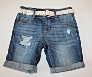 Mudd Girl's Size 10 Blue Denim Distressed Bermuda Shorts with Lace Belt NEW - Picture 1 of 2