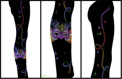 Regular One Size Yoga Leggings Rhinestone Mardi Gras Cat Mask & Streamers - Image 1 of 4