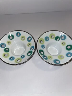 Set of 2 IKEA Votive Candle Holders White MCM Enamel Metal Green Blue Polka Dots - Image 1 of 4