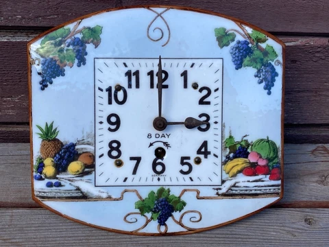 ANTIQUE GERMANY KEY WIND PORCELAIN ENAMEL FACE 8 DAY FRUIT WALL CLOCK Cover