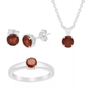 Jewelry Sets Rings, Pendant and Earrings, Round Garnet Gemstone Sterling Silver - Picture 1 of 5