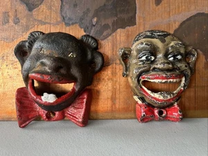 Original Antique Cast Iron Figural Faces Wall Mount Bottle Opener And Still Bank - Picture 1 of 6