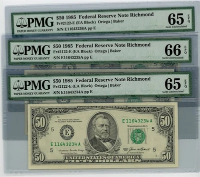 Fr. 2122-E $50 1985 Federal Reserve Note 3 Consecutive 65-66 EPQ PMG DC-2605 - Image 1 of 3