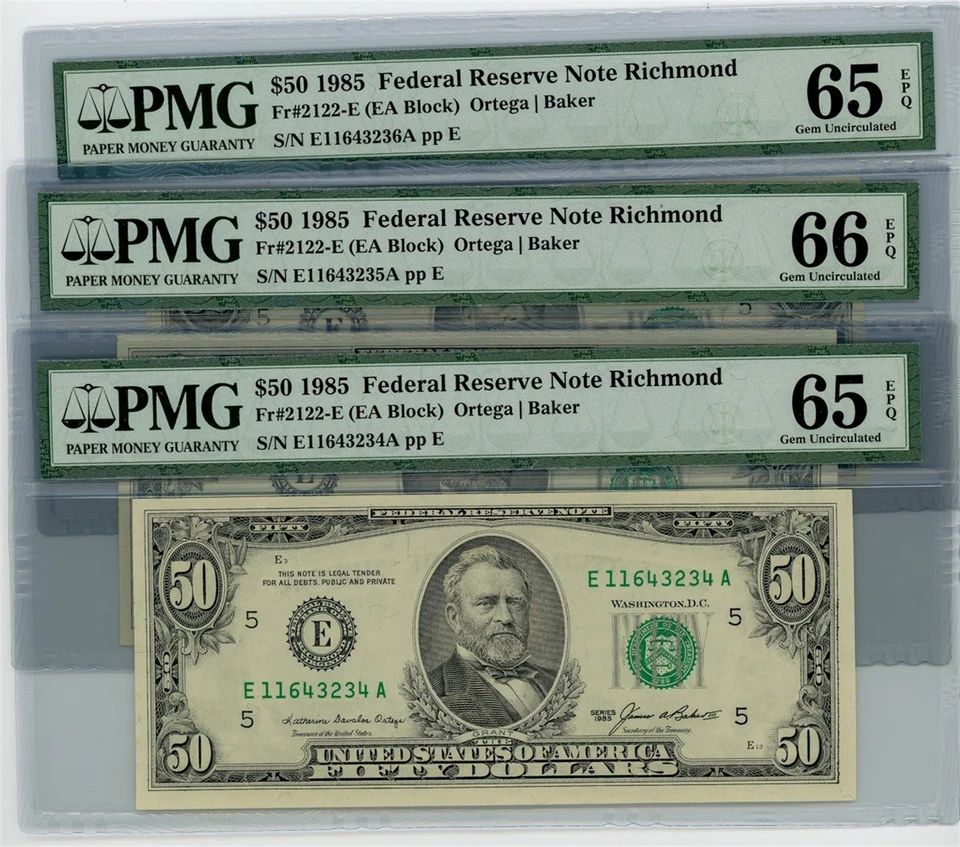 Fr. 2122-E $50 1985 Federal Reserve Note 3 Consecutive 65-66 EPQ PMG DC-2605 - Image 1 of 3