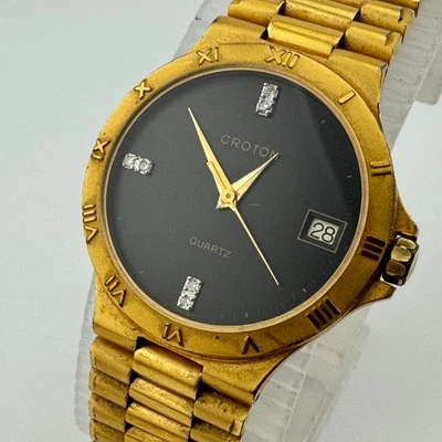 VTG Croton Quartz Watch Unisex Gold Tone Diamond Black Date New Battery 6.75" - Image 1 of 4