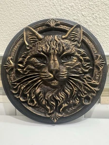 Hand Painted Cat Face Relief Wall Plaque 8” Medallion Sculpture Home Decor - Picture 1 of 7