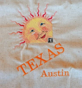 Handmade Smiling Sun Austin Texas Machine Embroidered Linen Make into Pillow Bag - Picture 1 of 10