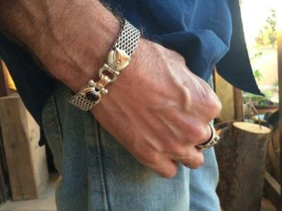 Bezel Set Blood Red Ruby With 925 Two Tone Silver Fantastic Men's Bracelets - Image 1 of 4