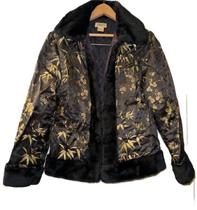 Chaqueta JIN WEI Imitación Piel Negra Satén Dorado Floral Brocado Para Mujer Talla 10 Elegante - Imagen 1 de 12