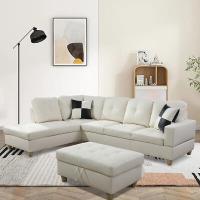 L shape White Faux Leather 3-Piece Couch Living Room Sofa Set with storage HOT - Image 1 of 4