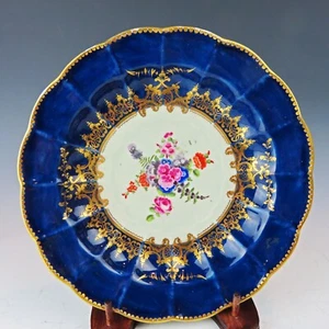 Plato Lobulado Worcester Dr Wall 1er Período Porcelana Floral Azul Cobalto y Dorado - Imagen 1 de 7