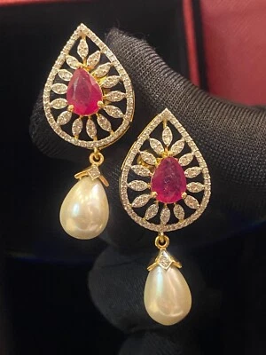 Pave 16.24 Cts Round Brilliant Cut Diamonds Ruby Pearl Dangle Earrings 18K Gold - Image 1 of 4