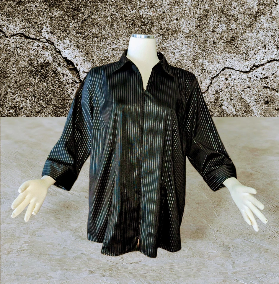 DCC STRETCH Black Silver Stripe SPARKLE Shirt Top DOUBLE ZIP Women's PLUS 18/20 - Image 1 of 4