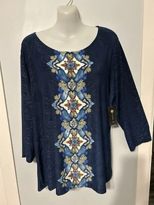 Nuevo con etiquetas Top JM Collection Azul Multi Texturado con Manga 3/4 Talla Grande 1X - Imagen 1 de 3