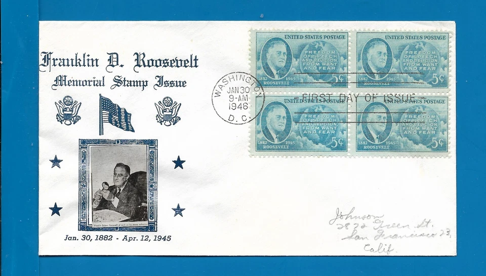 Scott 933 Franklin Roosevelt BL4 Jan 30, 1946 Crosby  FDC Lot3 - Image 1 of 1