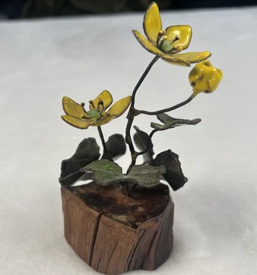 Vintage MCM Enameled Copper Flower Sculpture Yellow Blooms Wood Base Signed - Image 1 of 4