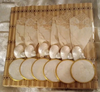 Capiz Creamy White Shell Coasters And Napkin Holders With Handmade  Wooden... - Image 1 of 3