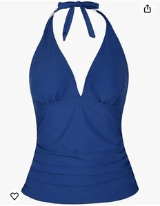 Hilor Women's Plunging V-Neck Halter Swim Shirred Tankini Blue Size 18 Slimming - Picture 1 of 14