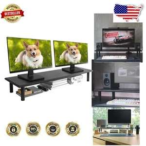 Extra Long Bamboo Dual Monitor Stand for 27-inch Screens - 39.37 Inches Long - Picture 1 of 9