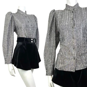 VINTAGE 60er 70er SILBER SCHWARZ LUREX SPARKLE DISCO PARTY MANDARINENBLUSE TOP 14 16 - Bild 1 von 6