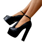 Women Black Platform Buckle Ankle Strap High Heel Court Shoes Pump Sizes UK 3-7
