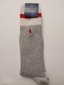 POLO RALPH LAUREN Mens GRAY WOOL Dress Boot Socks Red Striped Top , Size 10-13 - Picture 1 of 8