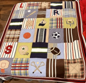 Pottery Barn Kids Patchwork Sports Twin Reversible Blue Quilt w/ One Pillow Sham - Picture 1 of 17