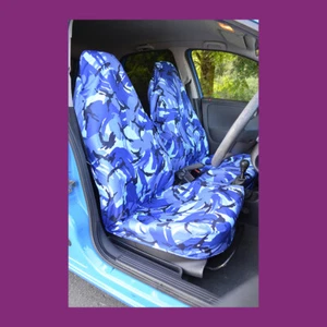 Front Pair Blue Camouflage Universal Waterproof Car Van Seat Covers UK Made - Picture 1 of 3