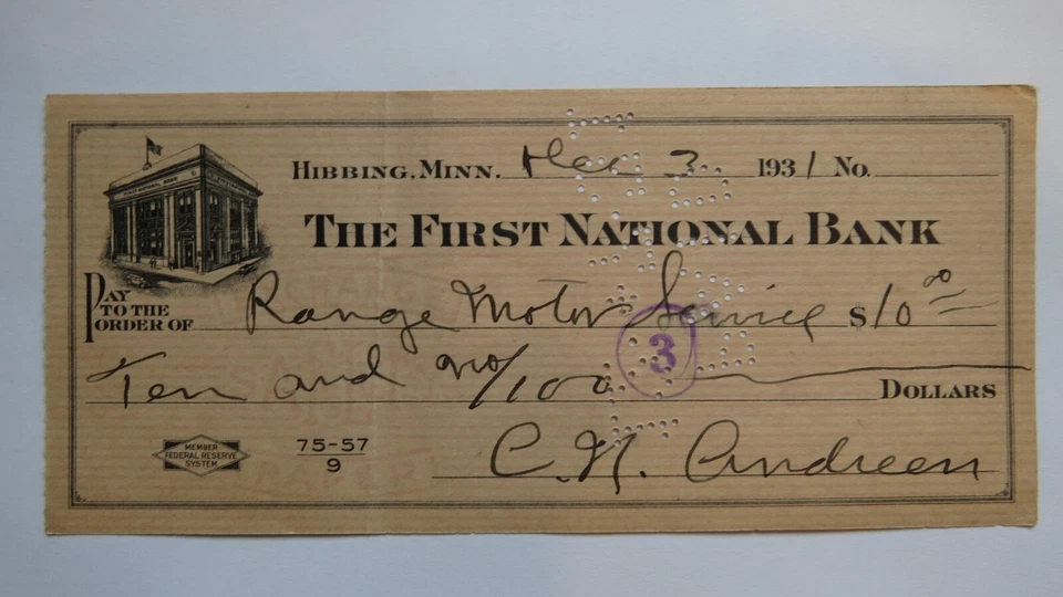 $10 1931 Hibbing Minnesota MN Cancelled Check! First National Bank  - Image 1 of 2
