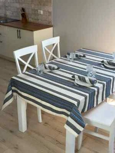 Unique Ukrainian Blue & Beige Tablecloth Traditional Embroidered Ethnic Decor - Picture 1 of 16