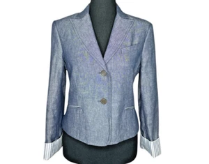 BCBGMaxAzria Women's Chambray Linen-Cotton Lined Cuffed Sleeve Jacket - Blue, S - Picture 1 of 18