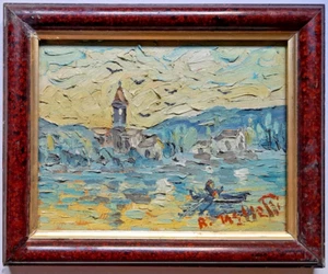 Venice sunset fisherman and small island lagoon oil canvas Rolando Taglietti - Picture 1 of 8