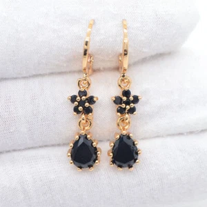 18K Yellow Gold Filled Women Black Mystic Topaz Flower Teardrop Dangle Earrings - Picture 1 of 6