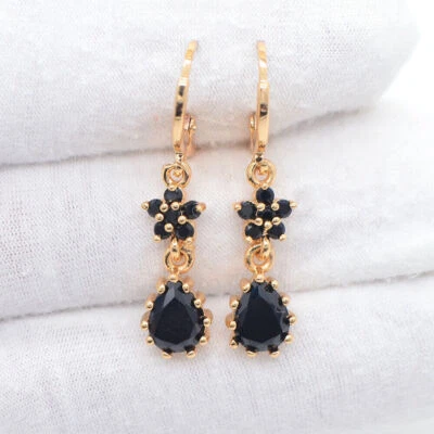 18K Yellow Gold Filled Women Black Mystic Topaz Flower Teardrop Dangle Earrings - Image 1 of 3