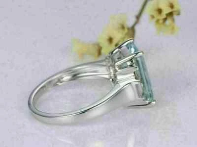 3Ct Emerald Cut Aquamarine Diamond Solitaire Engagement Ring 14K White Gold Ove - Image 1 of 3