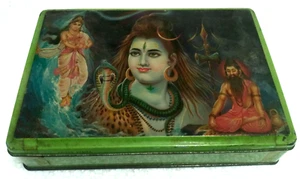 CAJA DE HOJALATA INDIA VINTAGE CON BHAGIRATHI GANGA DESCIENDE SOBRE EL CABELLO ENROLLADO DE LORD SHIVA - Imagen 1 de 6