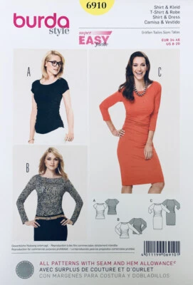 Easy BURDA Pattern 6910 | T-shirt Top & Fitted Knit Dress | Sizes 8 - 20 NEW - Image 1 of 2