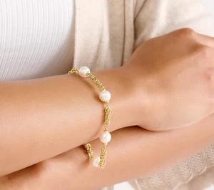 Honora Sterling Silver Goldclad Byzantine Chain & Cultured Pearl Bracelet 8" - Picture 1 of 2