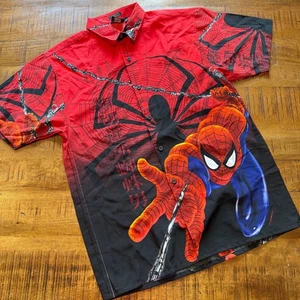 Vintage 2001 Spider Man Shirt XL All Over Print Button Up Promo Marvel Y2K AOP - Picture 1 of 2