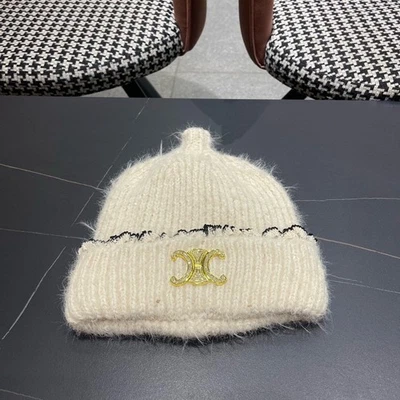 CELINE Soft Knit Beanie in Cream with Gold Logo Detail - Image 1 of 4
