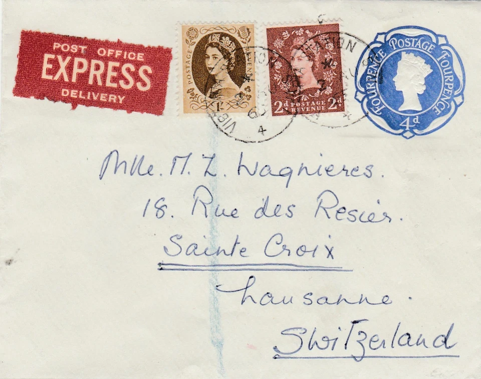GB to Switzerland VICTORIA STATION QE2 4d Stationery 2d 1/- Wilding Express 1965 - Image 1 of 1