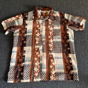 Vintage 70er Hawaiihemd Landmark Gr. XL braun Blockmuster Blumen Bowling Disco - Bild 1 von 7