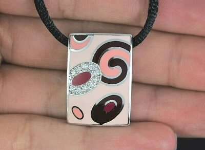 Roberto Coin 18K White Gold Diamond Pink Red Enamel Pendant 18" Cord Necklace - Image 1 of 4
