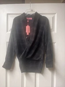 Blank NYC Girls Sz M Shirt Button Sunday Only Twist Front Faux Wrap Plaid Brown - Picture 1 of 10